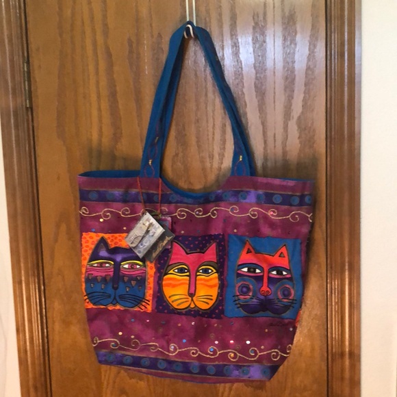 Laurel Burch Handbags - Laurel Burch Cats Purple and Blue Large Canvas Tote